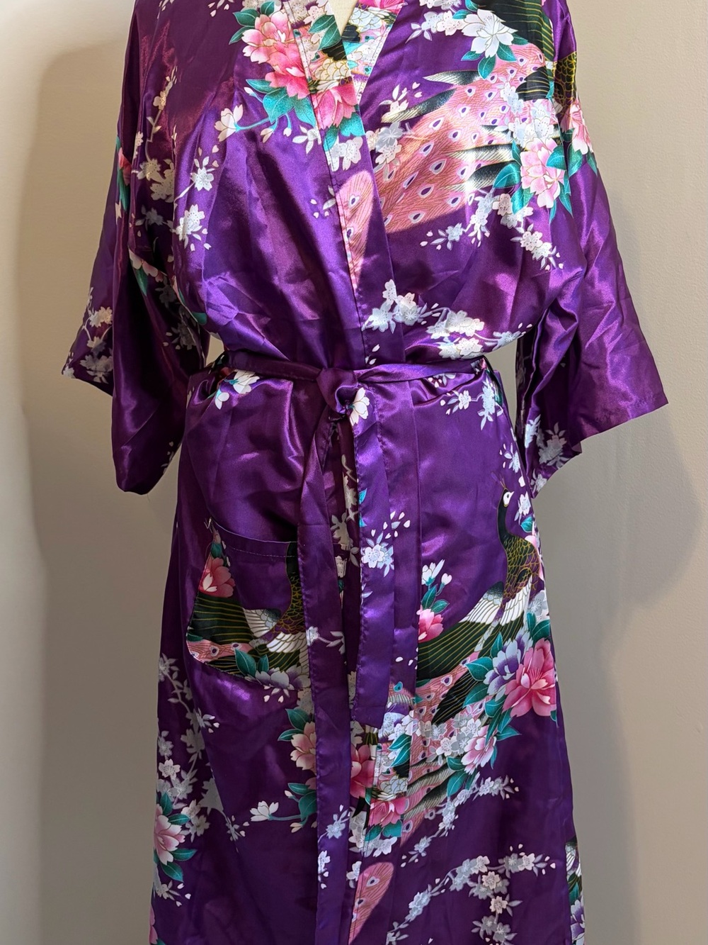 AVID LOVE Purple Satin Peacock Kimono Robe Cherry Blossom Loungewear SIZE XL